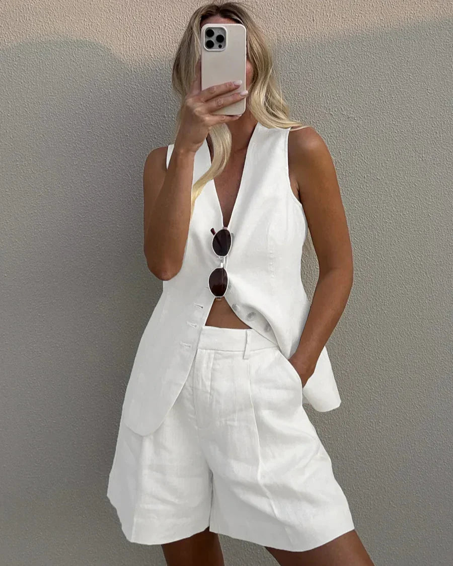 Aprikos V-ringat Linne och Shorts Set