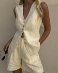 Aprikos V-ringat Linne och Shorts Set