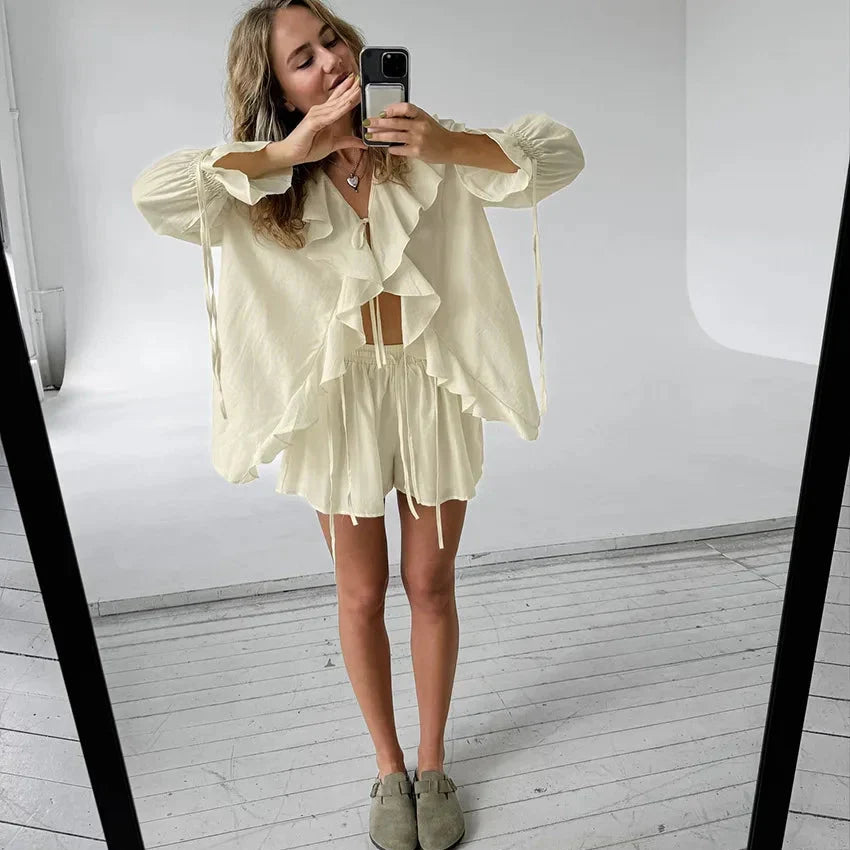 Aprikos Volangtopp med Knytdetalj och Shorts i Matchande Set