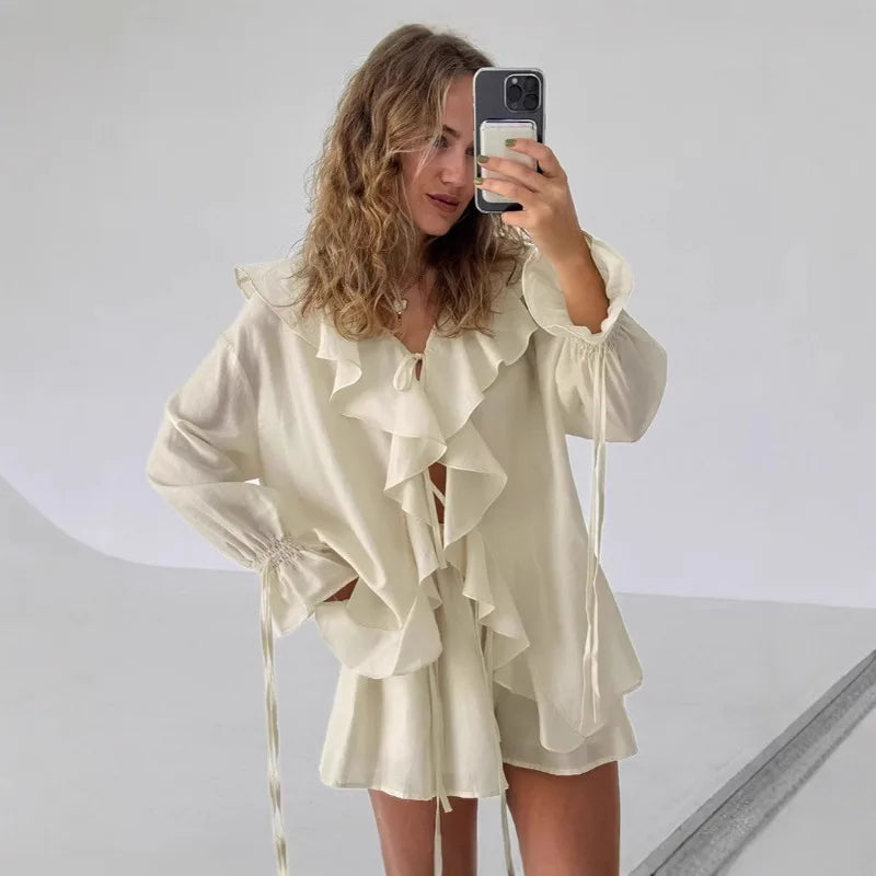 Aprikos Volangtopp med Knytdetalj och Shorts i Matchande Set