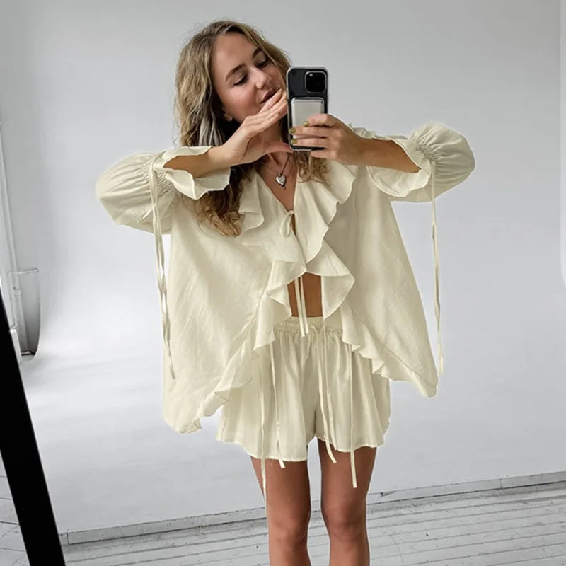 Aprikos Volangtopp med Knytdetalj och Shorts i Matchande Set