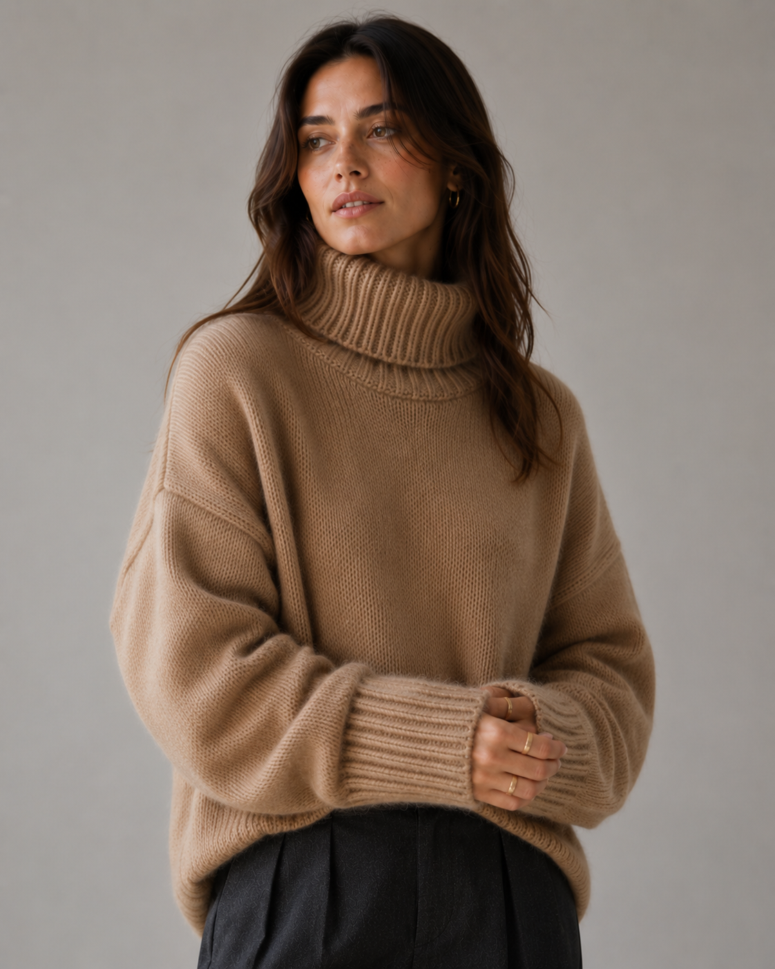 Beige Kashmir Oversized Tröja med Polokrage