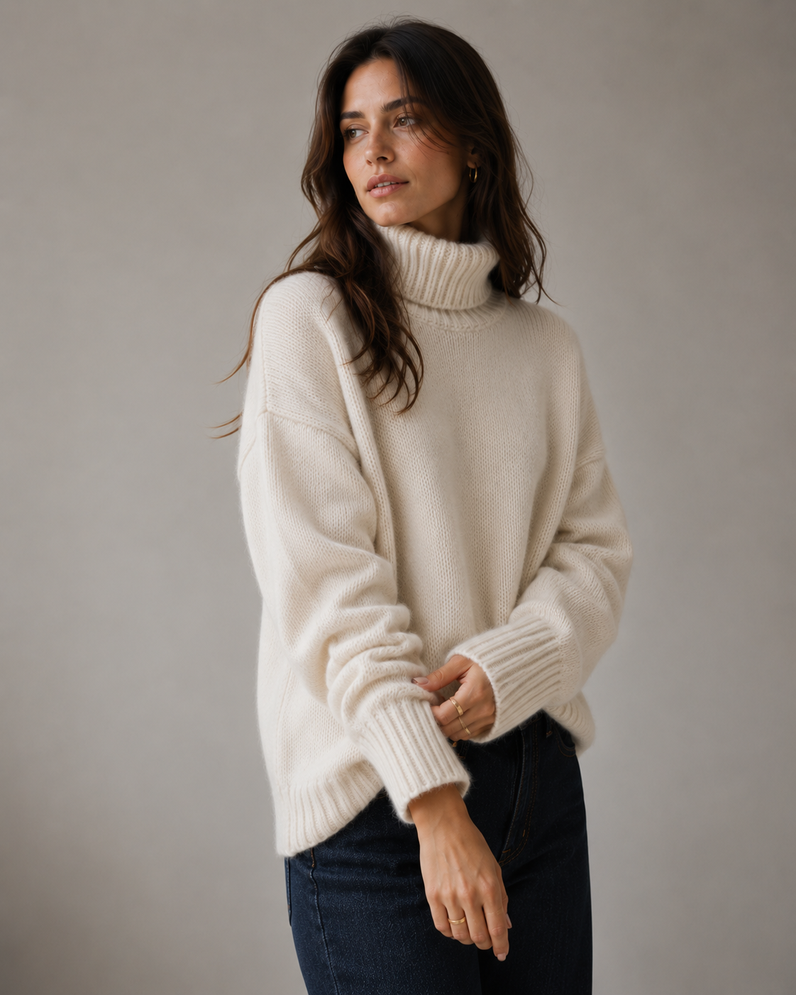 Beige Kashmir Oversized Tröja med Polokrage