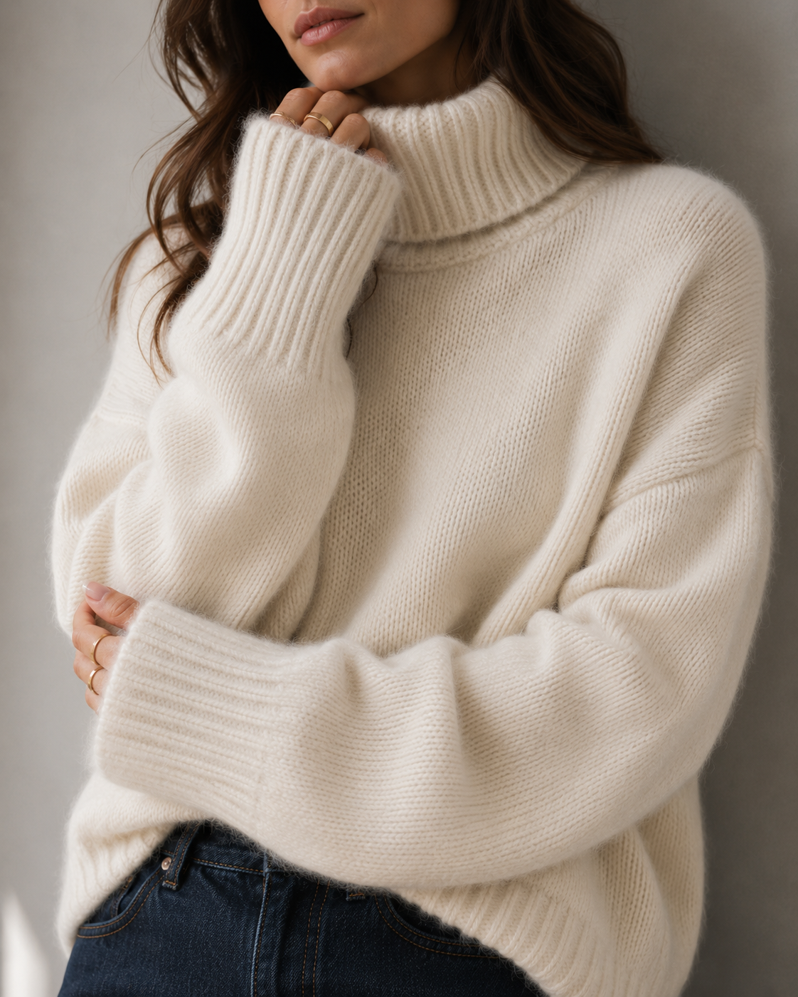 Beige Kashmir Oversized Tröja med Polokrage