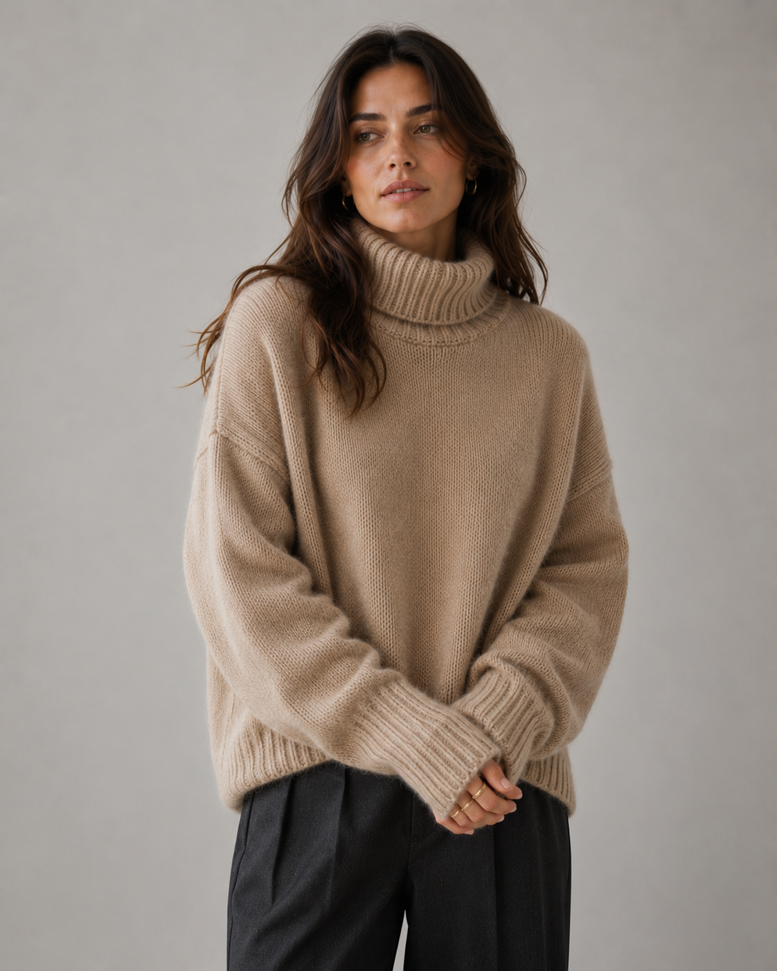 Beige Kashmir Oversized Tröja med Polokrage
