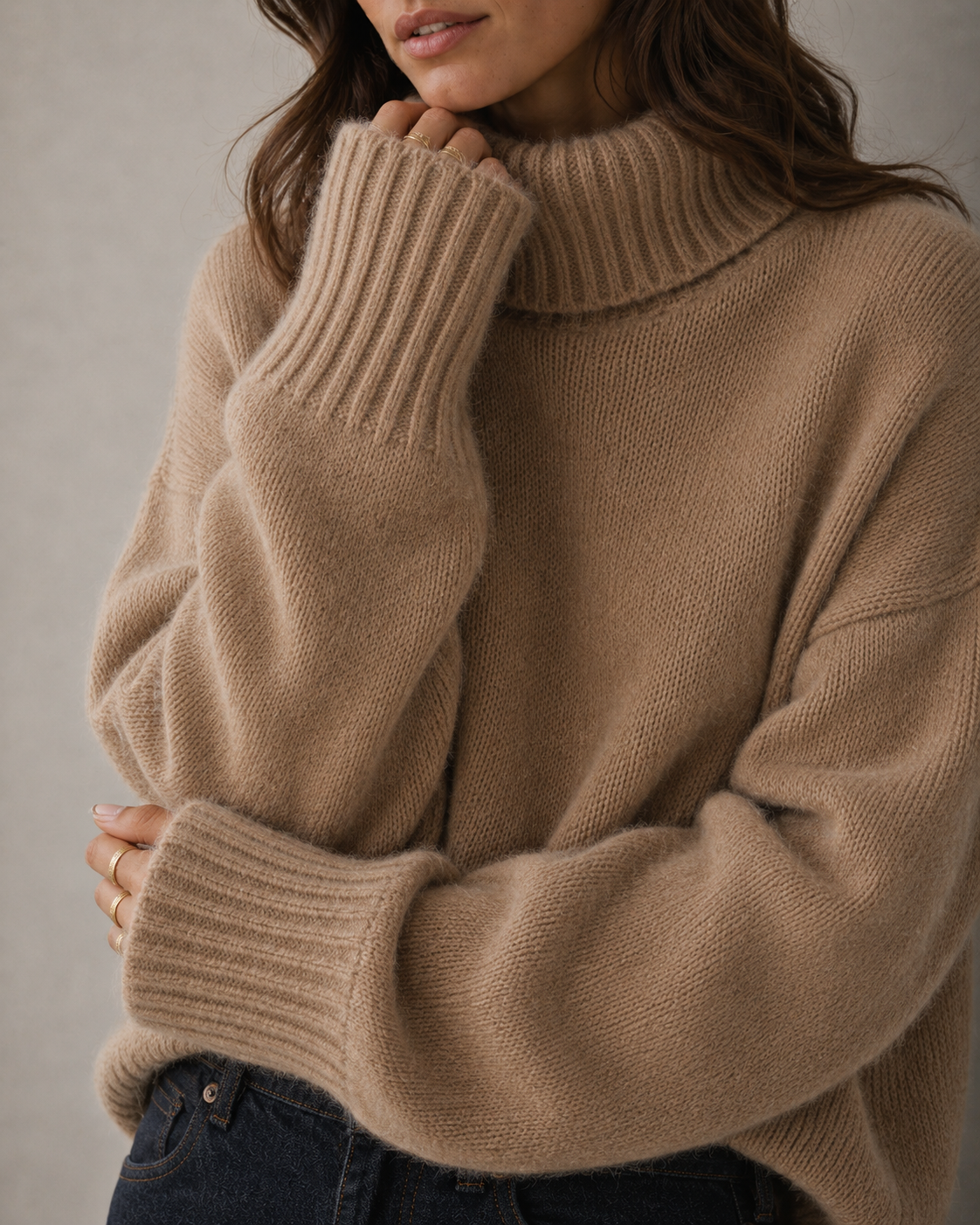 Beige Kashmir Oversized Tröja med Polokrage