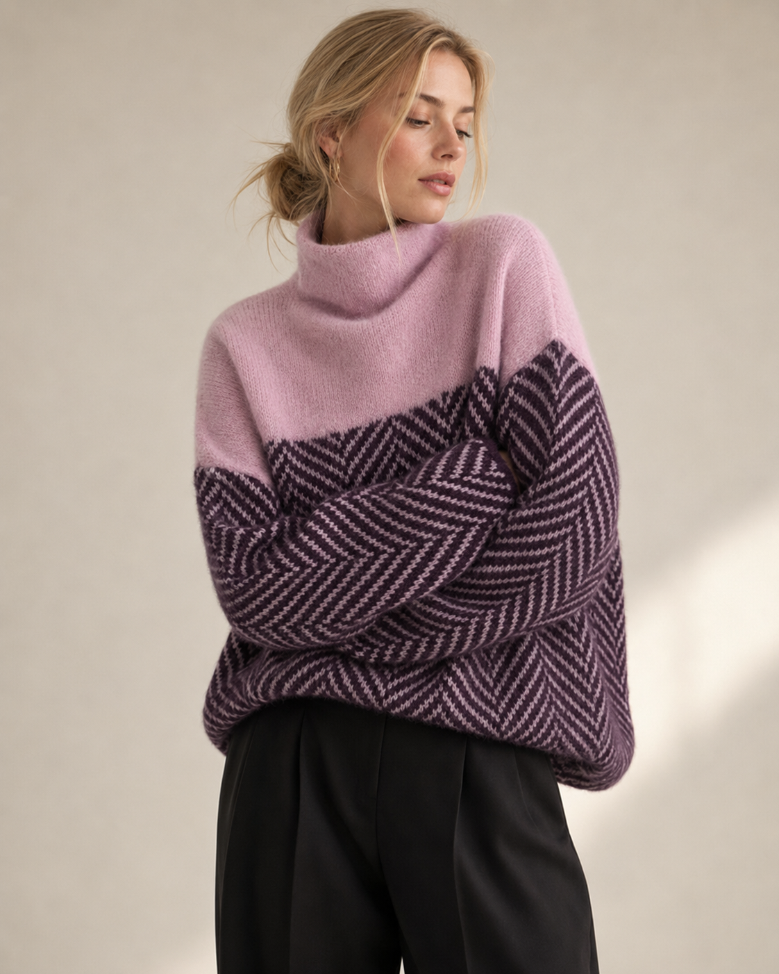 Beige Randig Patchwork Tröja med Polokrage