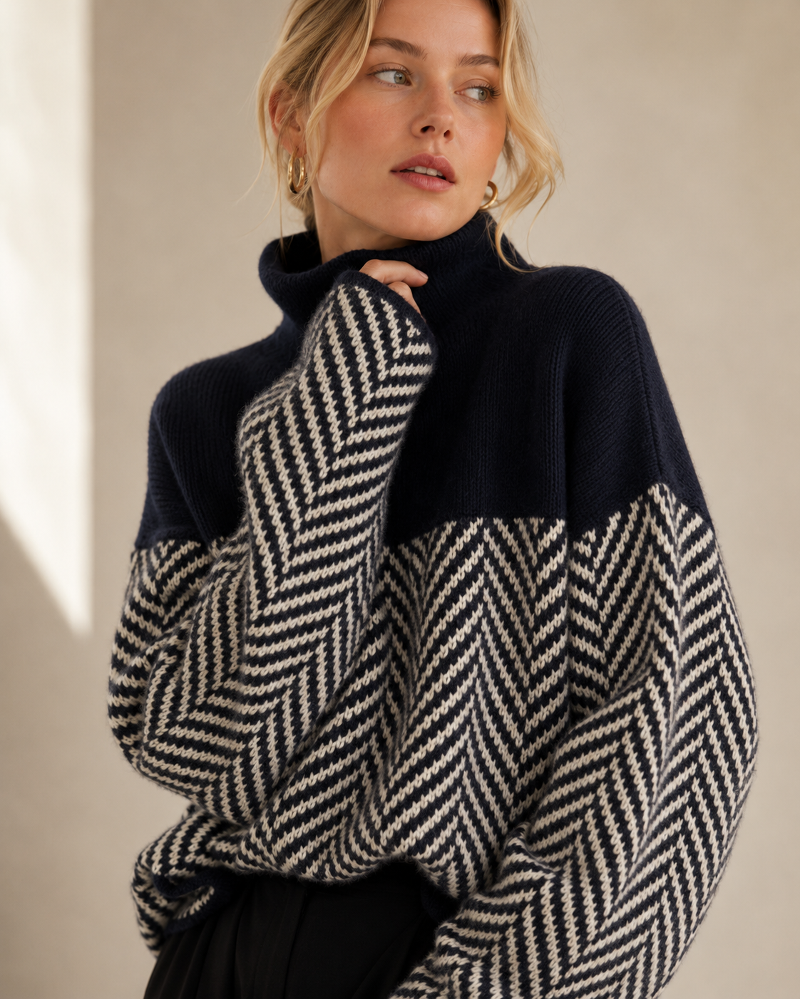 Beige Randig Patchwork Tröja med Polokrage