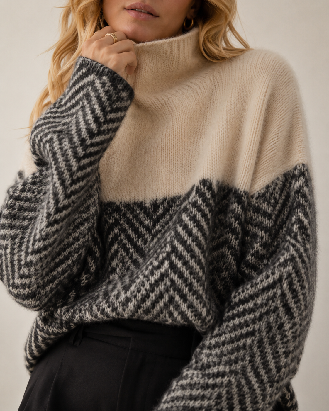 Beige Randig Patchwork Tröja med Polokrage