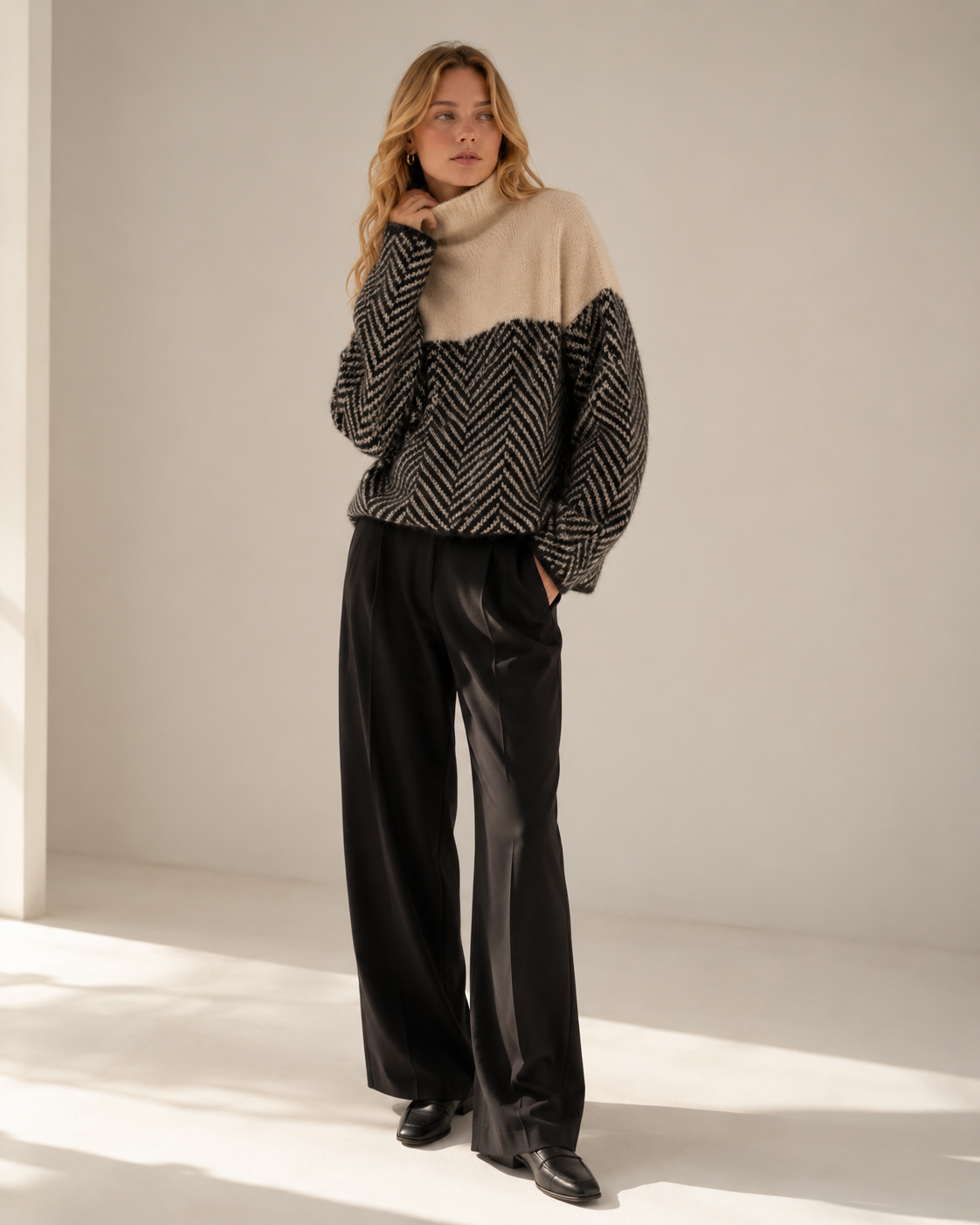 Beige Randig Patchwork Tröja med Polokrage