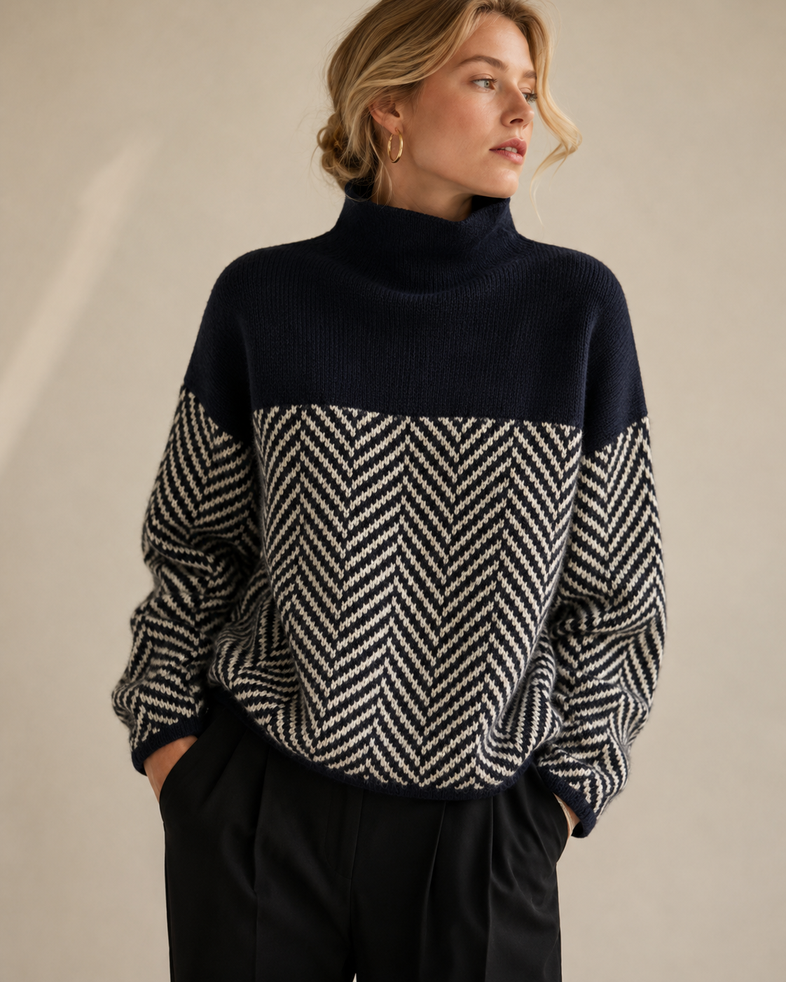 Beige Randig Patchwork Tröja med Polokrage