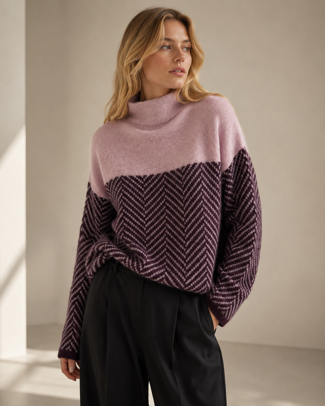 Beige Randig Patchwork Tröja med Polokrage