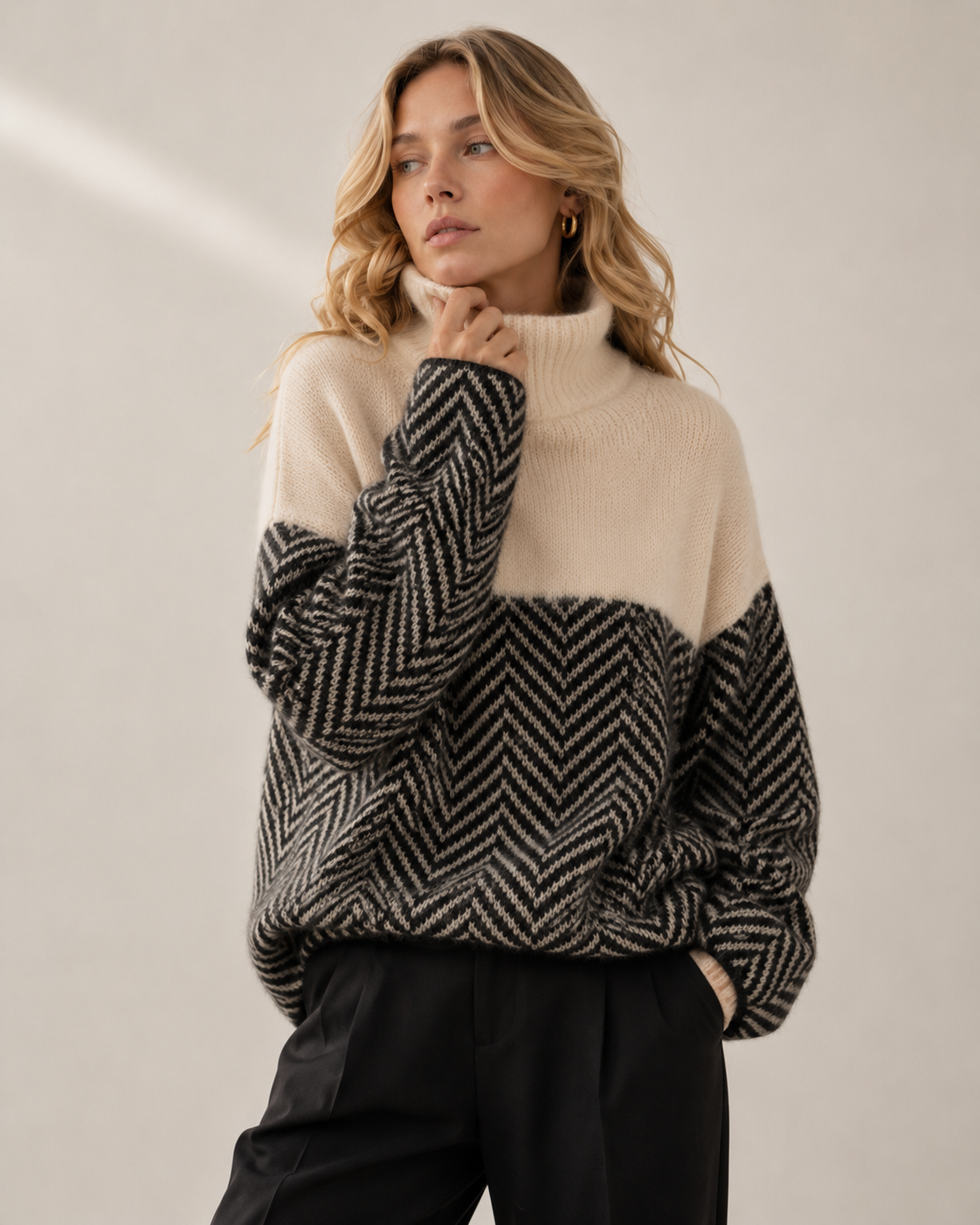 Beige Randig Patchwork Tröja med Polokrage