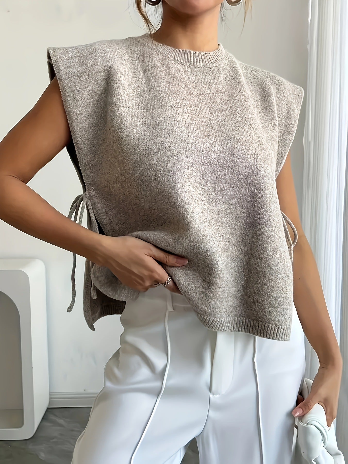 Beige Ribbad Kort Topp med Sidoknytning