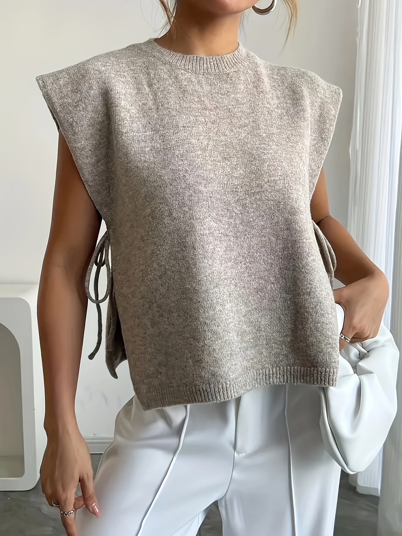 Beige Ribbad Kort Topp med Sidoknytning