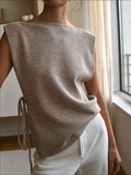Beige Ribbad Kort Topp med Sidoknytning