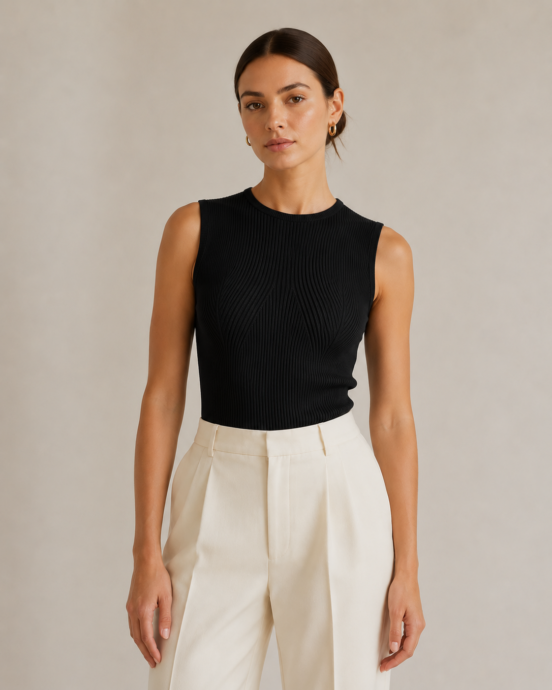Beige Ribbat Linne med Rund Hals