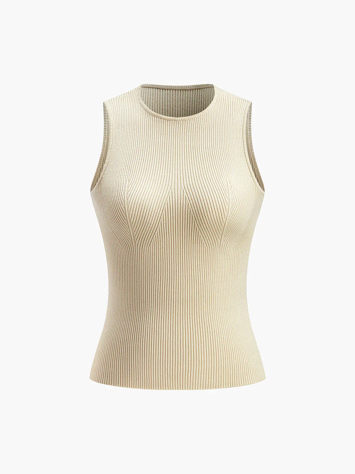 Beige Ribbat Linne med Rund Hals