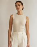 Beige Ribbat Linne med Rund Hals