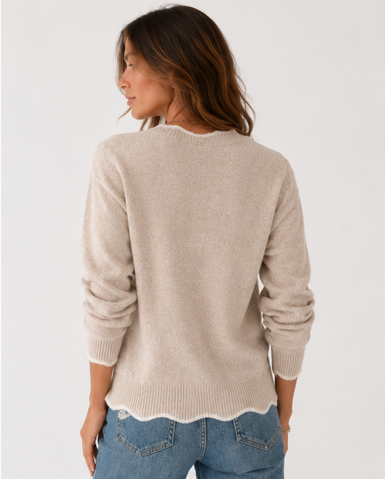 Beige Stickad Tröja med V-ringning