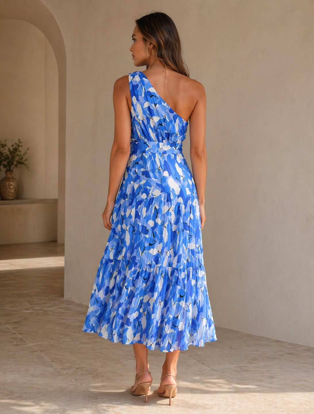 Blå Blommig One-shoulder Maxiklänning