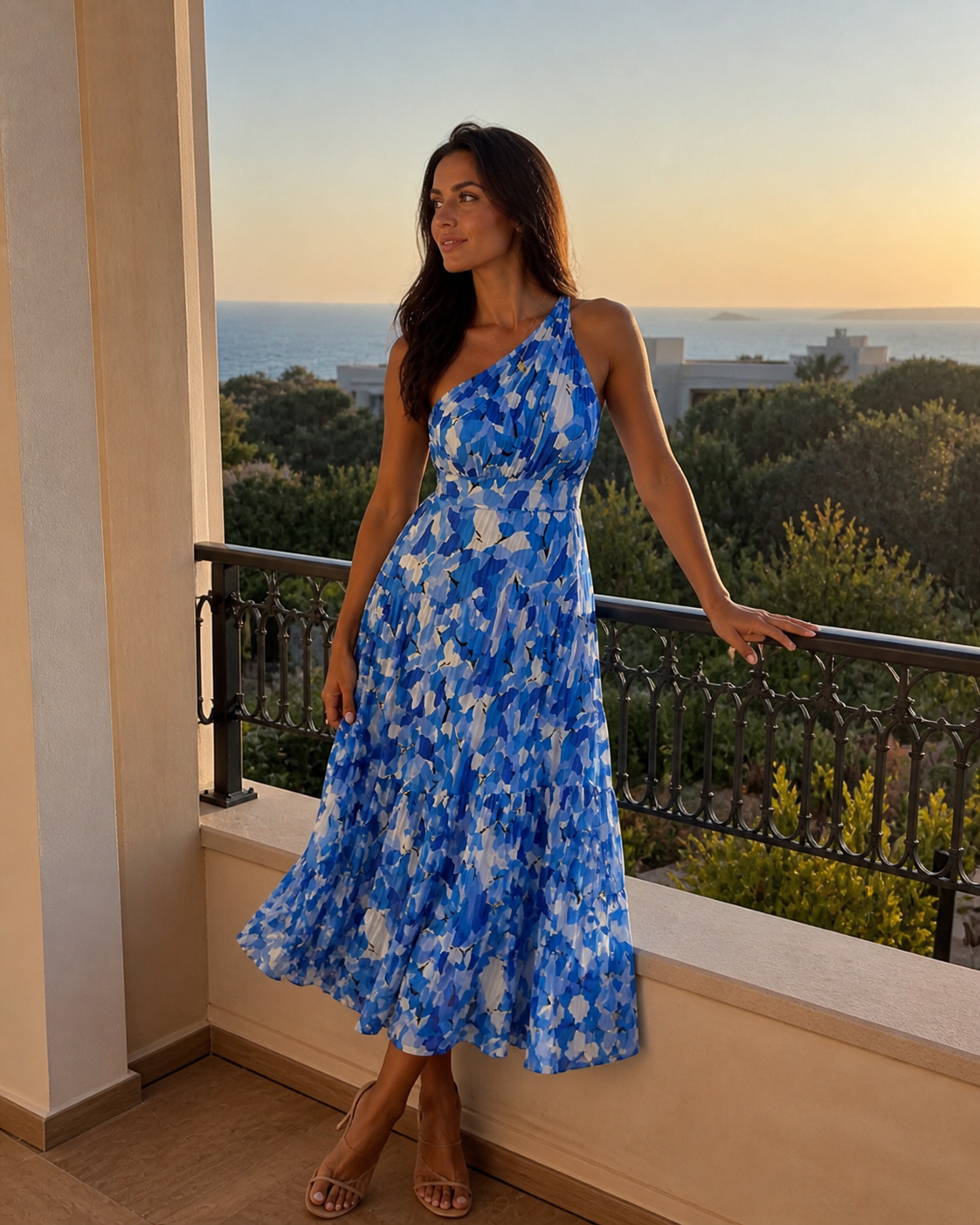 Blå Blommig One-shoulder Maxiklänning