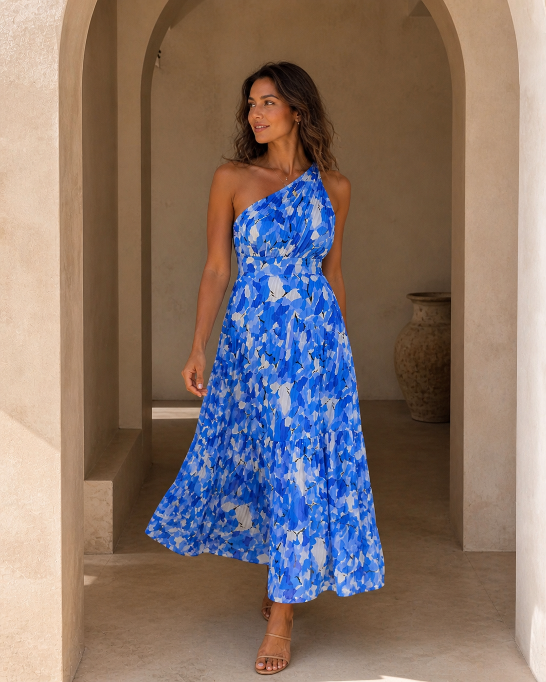 Blå Blommig One-shoulder Maxiklänning