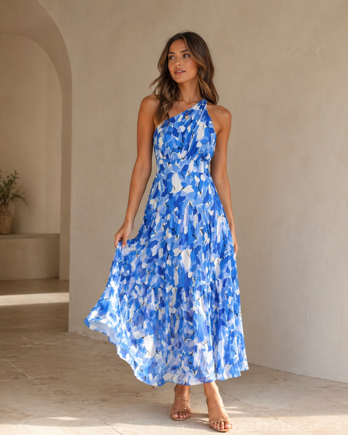 Blå Blommig One-shoulder Maxiklänning