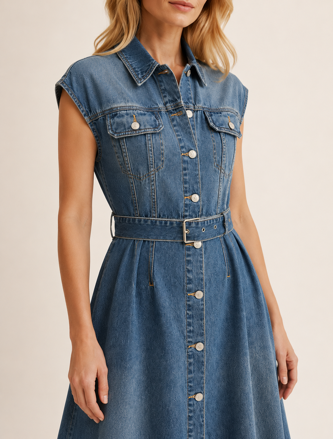 Blå Denim Skjortklänning med Skärp
