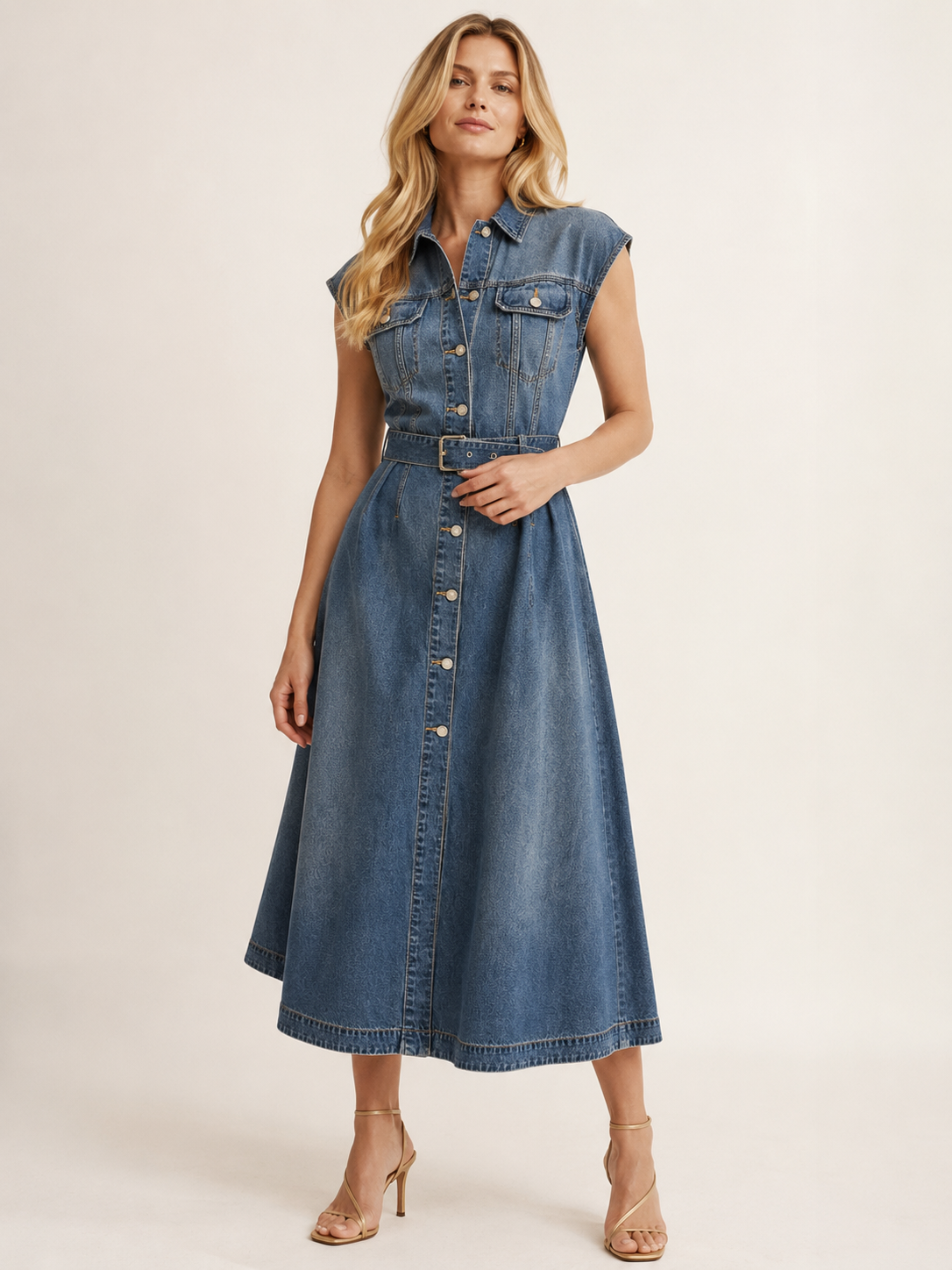 Blå Denim Skjortklänning med Skärp