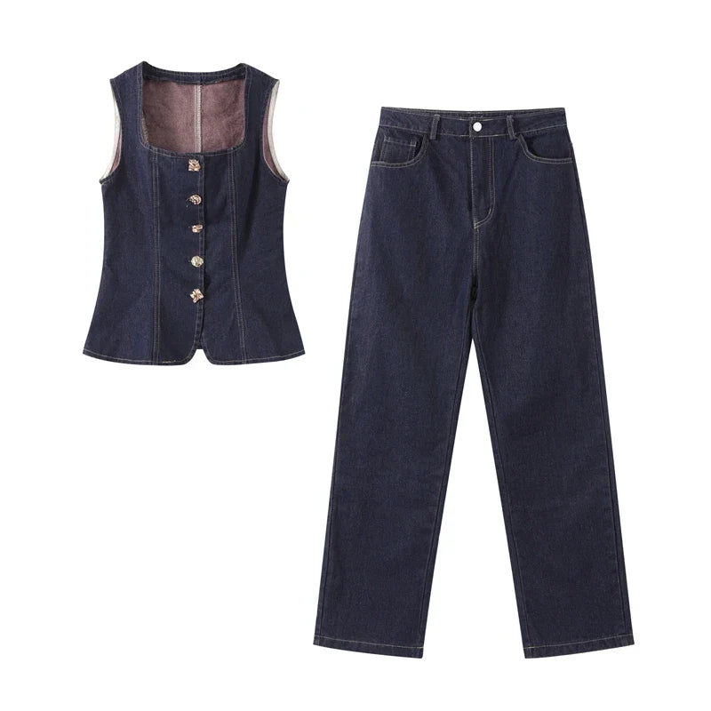 Blå Denimlinne och Höga Jeans i Matchande Set