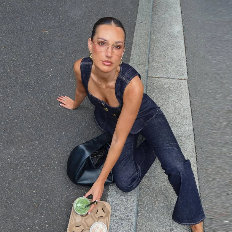Blå Denimlinne och Höga Jeans i Matchande Set
