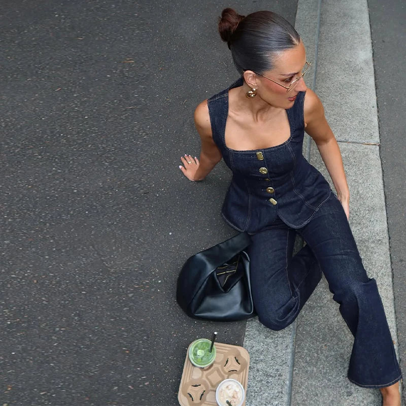Blå Denimlinne och Höga Jeans i Matchande Set