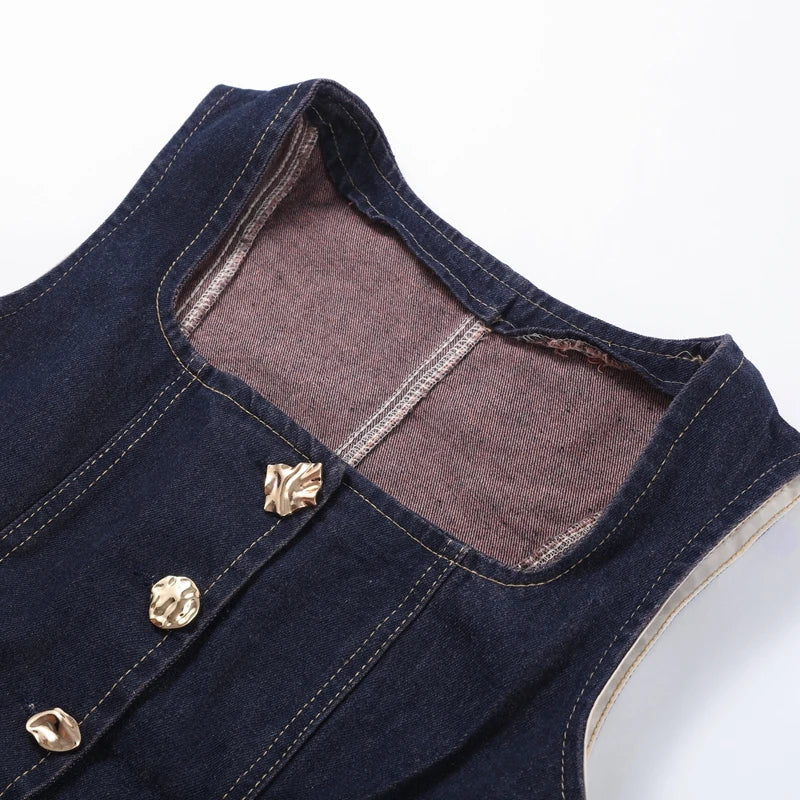 Blå Denimlinne och Höga Jeans i Matchande Set
