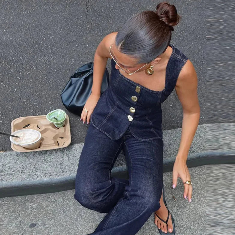 Blå Denimlinne och Höga Jeans i Matchande Set