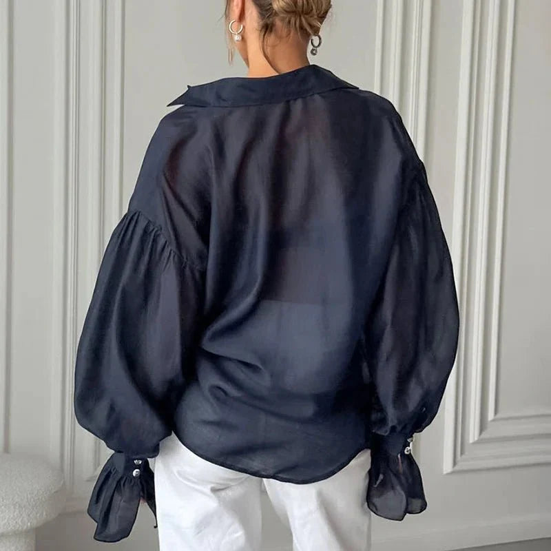 Blå Genomskinlig Blus med Långa Ärmar