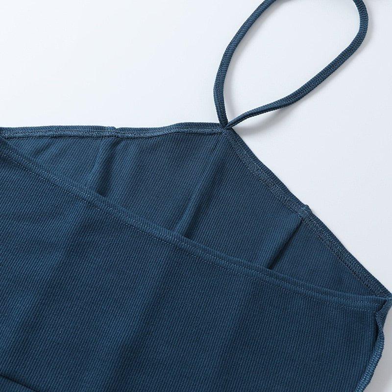 Blå Satin Kort Topp med Enaxlad Halterneck