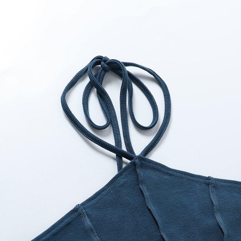 Blå Satin Kort Topp med Enaxlad Halterneck