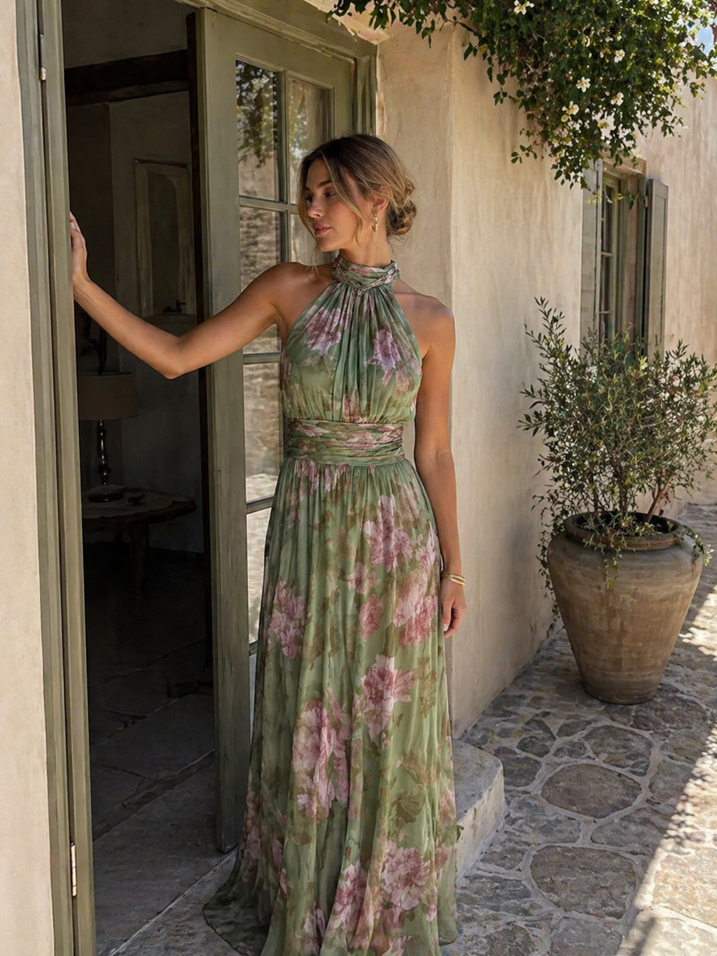 Blommig Boho Maxiklänning med Halterneck