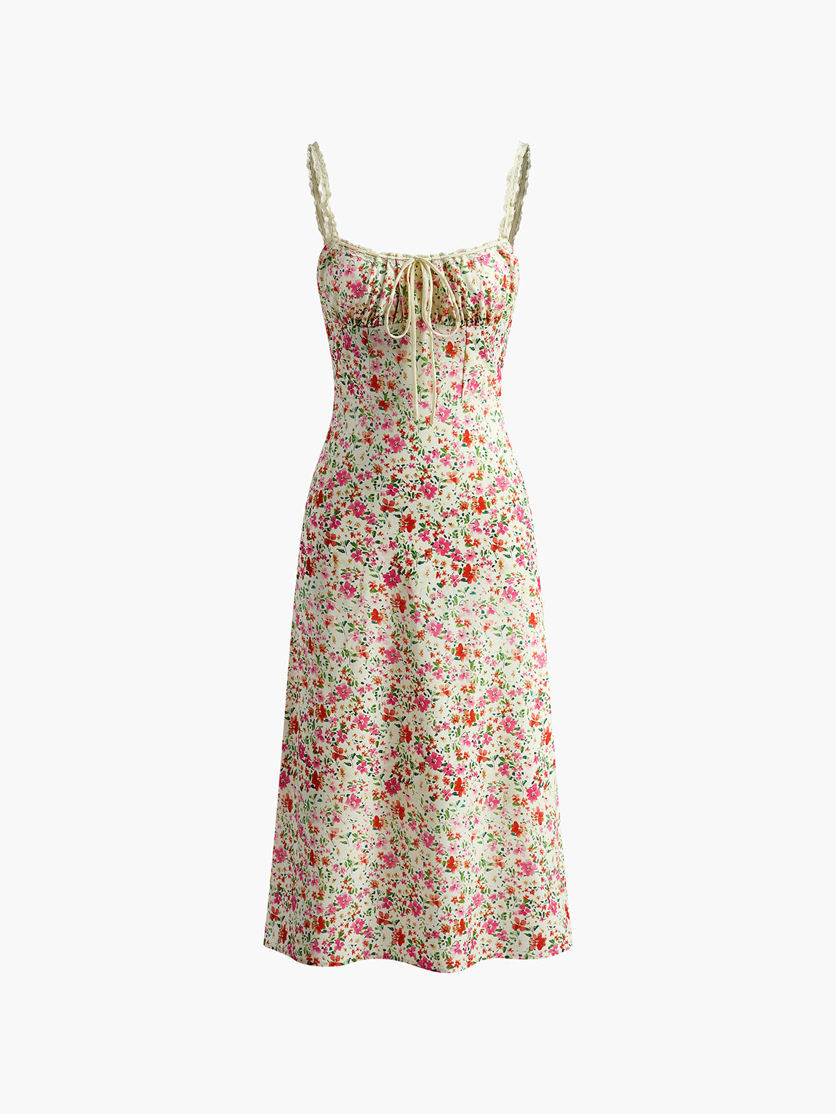 Blommig Rayon Midiklänning med Djup Urringning