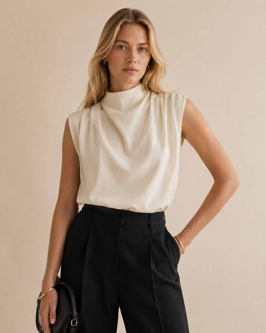 Blus med Hög Hals och Draperi