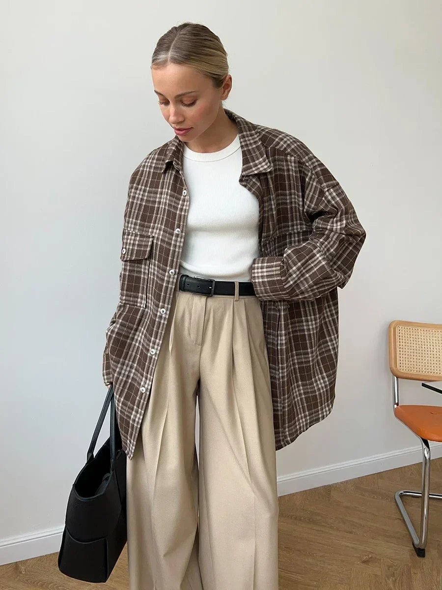 Brun Rutig Oversized Blus