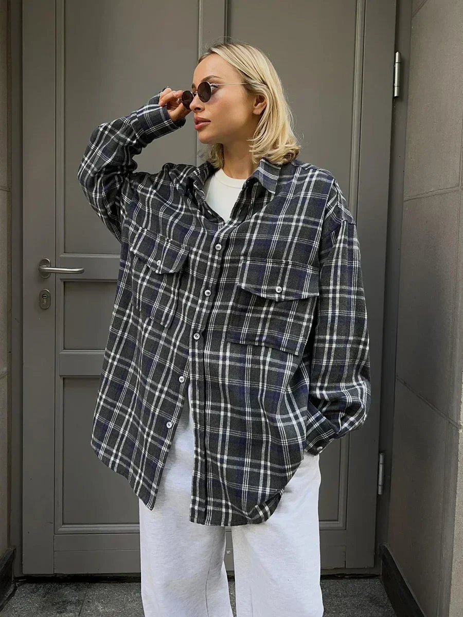 Brun Rutig Oversized Blus
