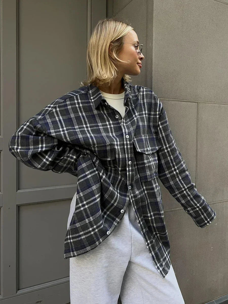 Brun Rutig Oversized Blus