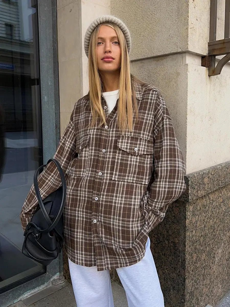 Brun Rutig Oversized Blus