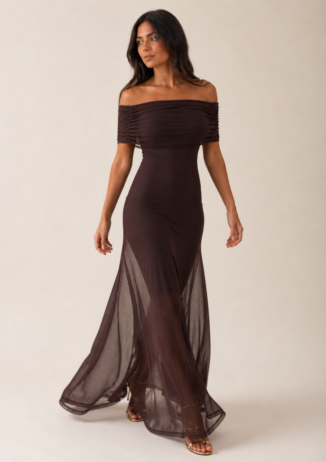 Off-Shoulder Maxiklänning i Chiffong