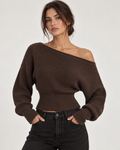 Croppad Stickad Tröja med Off Shoulder och Långa Ärmar
