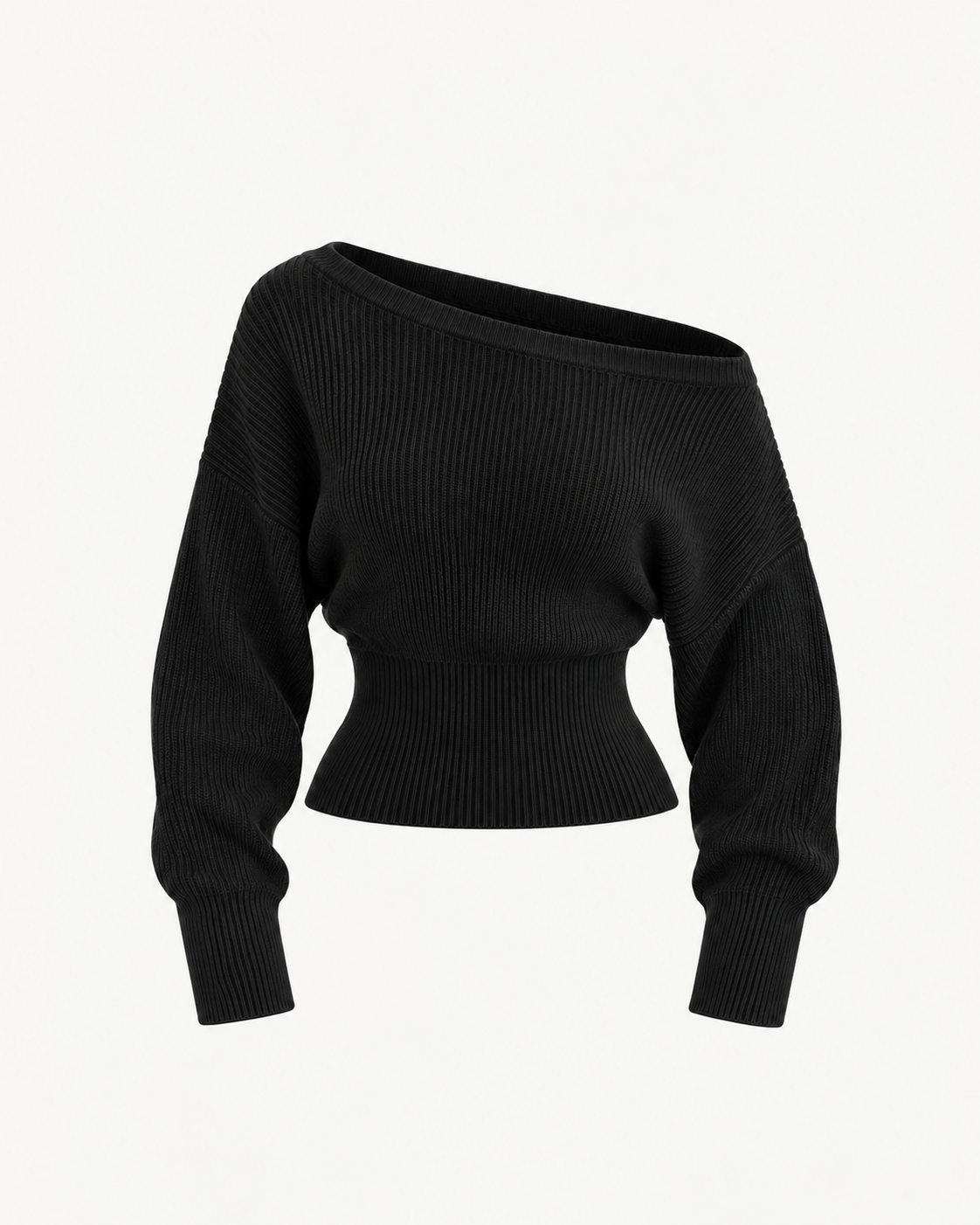 Croppad Stickad Tröja med Off Shoulder och Långa Ärmar