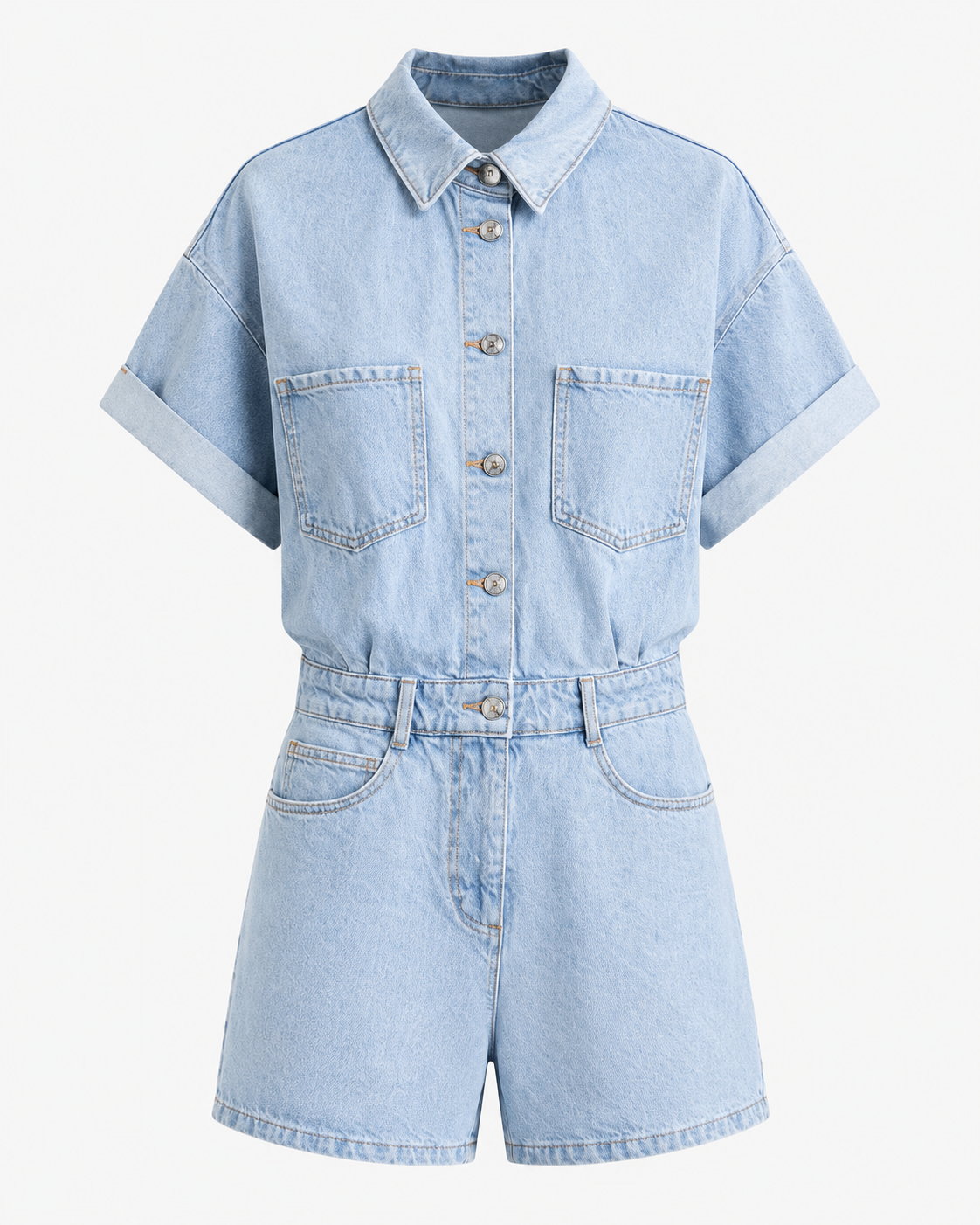 Denim Jumpsuit med Knappar och Kort Ärm