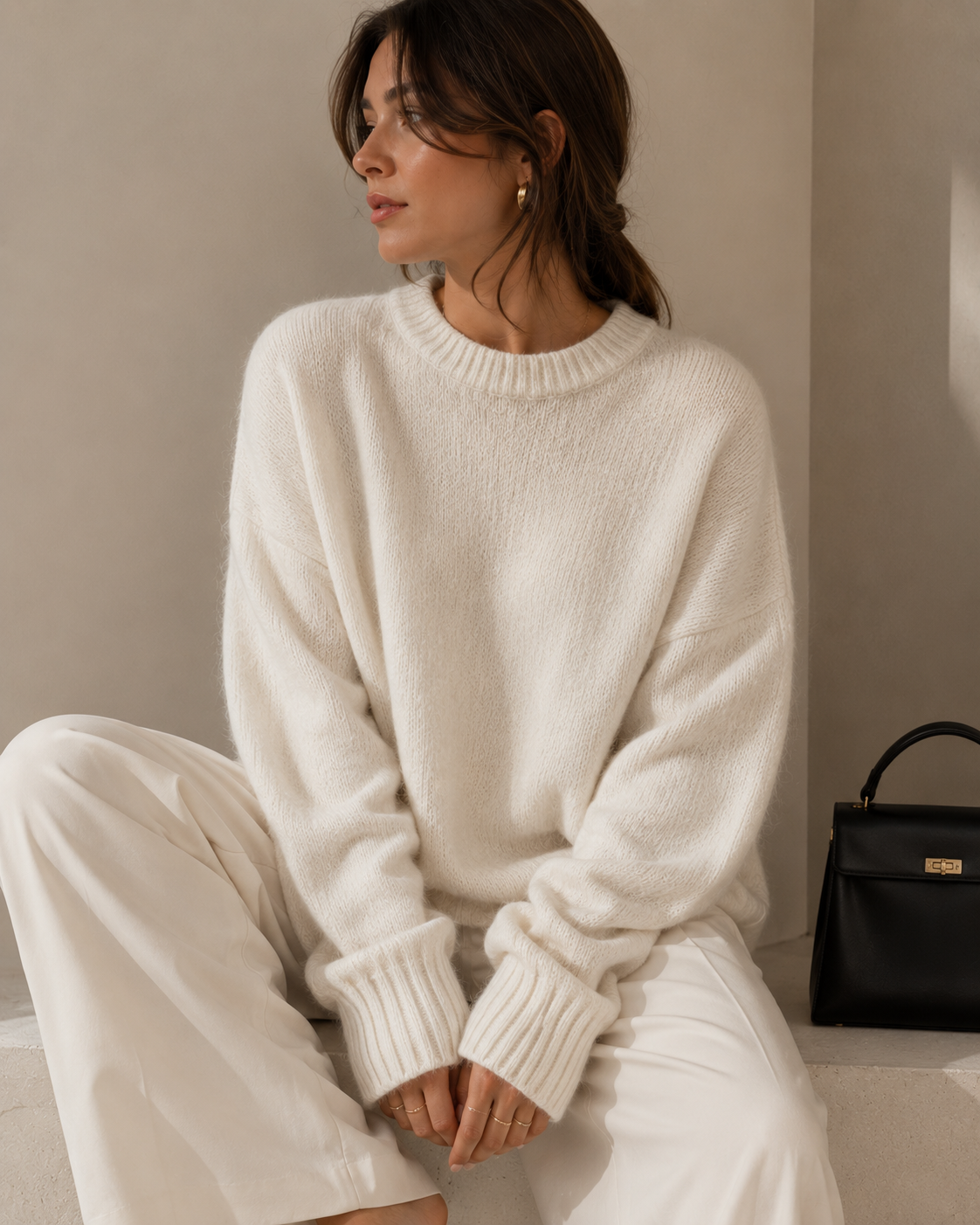 Grå Kashmir Oversized Tröja med Rund Hals